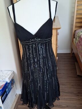Glam Girls Silk Black Beaded Spaghetti-Strap Dress